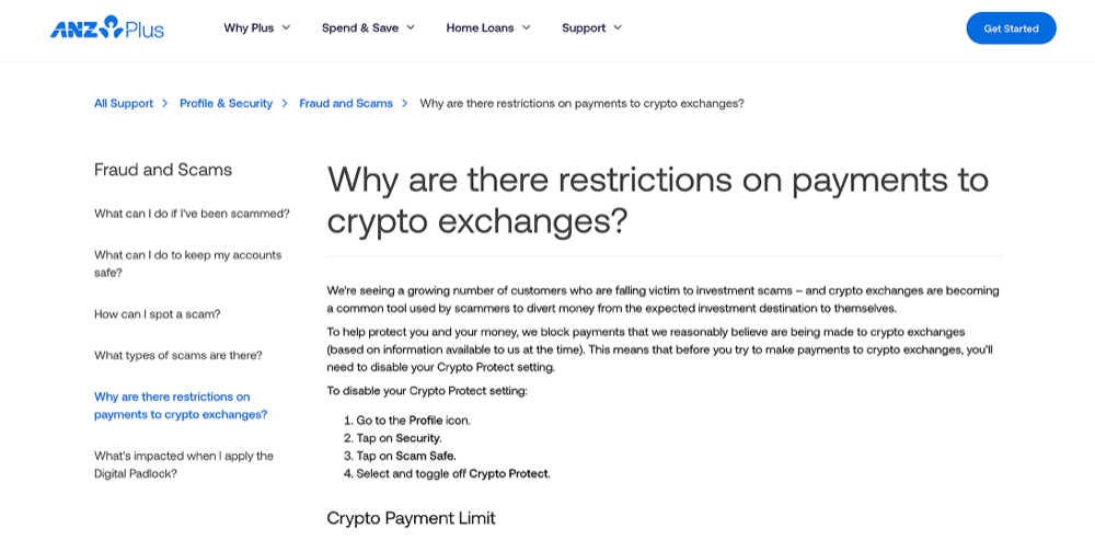 ANZ Plus support page explaining its Crypto Protect restriction on payments to crypto exchanges
