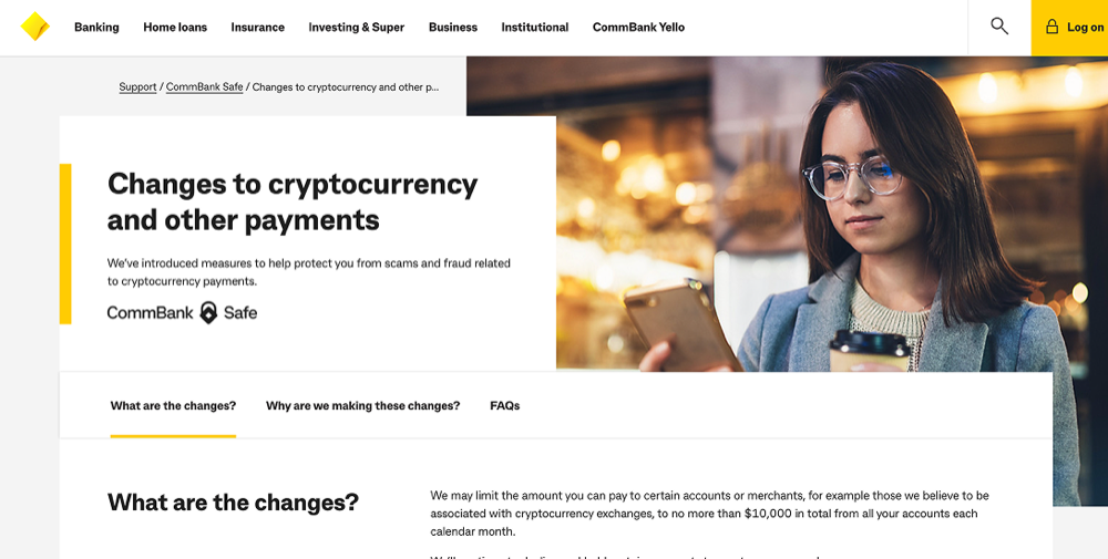 Commonwealth Bank's official page confirming a $10,000 per calendar month cap on payments to cryptocurrency exchanges