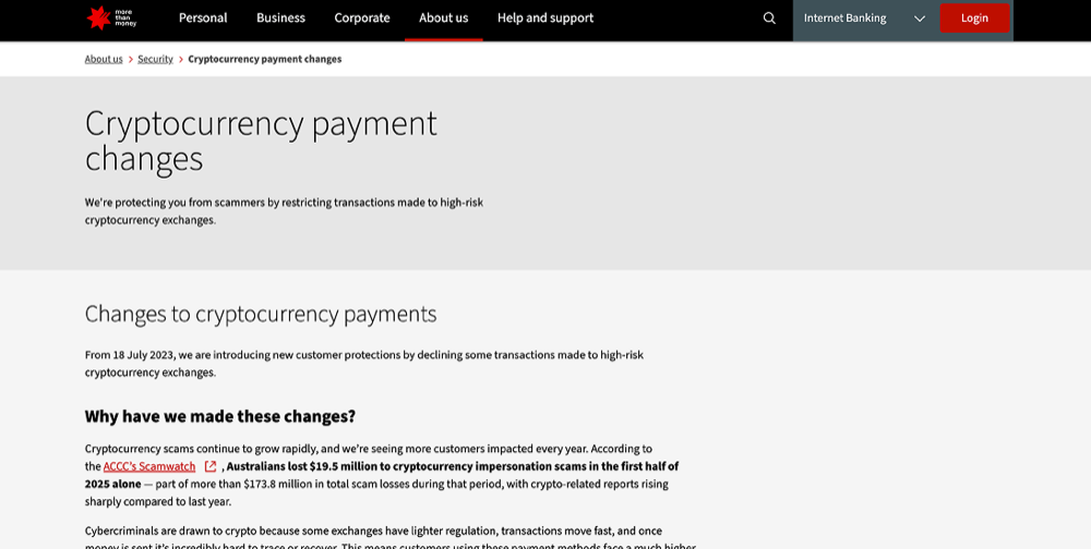 NAB's official notice on declining payments to high-risk cryptocurrency exchanges