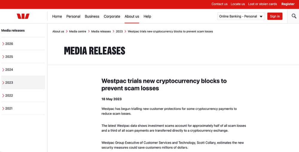 Westpac's May 2023 media release announcing cryptocurrency payment blocks to prevent scam losses